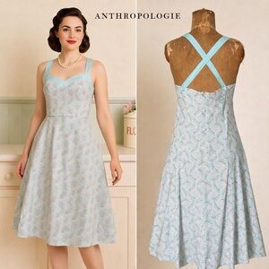 VTG Anthro’s Elevenses, Blue Leaf Print Cotton Crisscross Back Dress,EUC,Size 8
